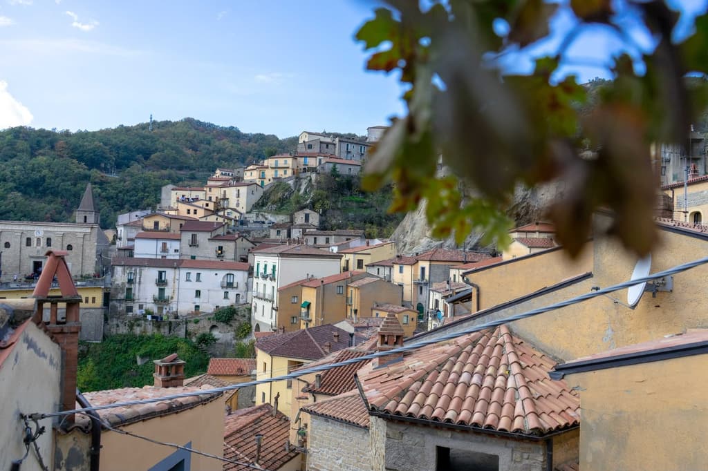 Le case di Castelmezzano con i tetti di tegole, viste dall'alto, e il verde dei boschi dietro.